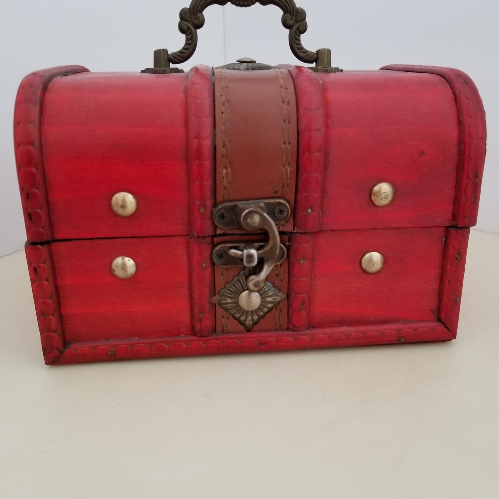Vintage Red Wooden Chest with Brass Accents
